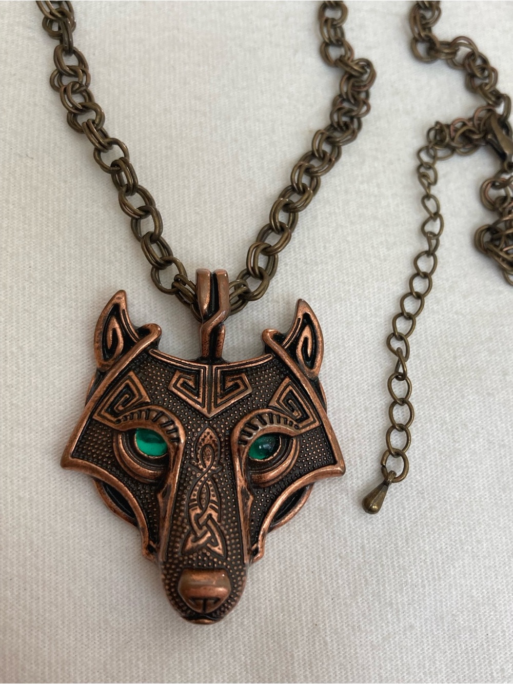 Large Fox Head Pendant Necklace Green Eyes Copper Tone